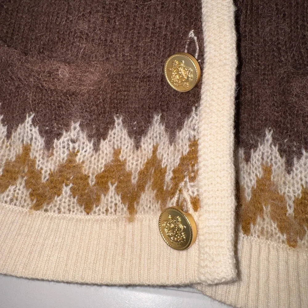 J.Crew Brown Fair Isle Alpaca Wool Blend Cropped Cardigan Gold Button BV354 XS